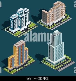 Vector isometric 3D illustrations icons of buildings skyscrapers, offices, residential buildings Stock Vector