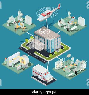 Vector isometric illustrations of a medical clinic building with a helicopter pad, interior of MRI room, ultrasound room, gynecological office, operat Stock Vector