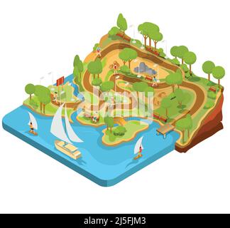 Vector 3D isometric illustration of cross section of a landscape park with a river flowing there, bridges, benches and lanterns. Soil in the section f Stock Vector