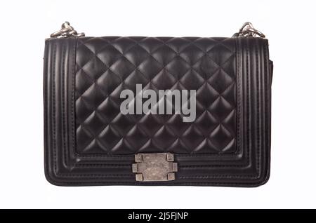 Stylish and elegant black leather ladies bag, isolated on white background Stock Photo