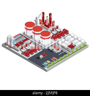 Vector isometric illustration of the oil industry. 3D icon of the oil refinery with production buildings, pipelines, tanks and trucks. Stock Vector