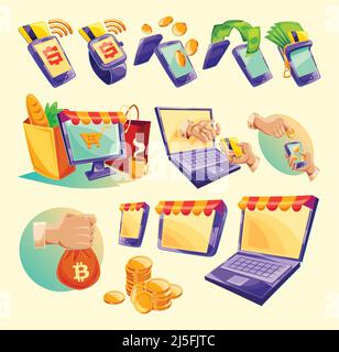 Vector cartoon illustration devices for e-payments. Icons of mobile phones, laptop, wristwatches showing the ease and convenience of online payments Stock Vector