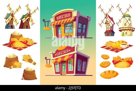 Vector cartoon illustration of two bakeries with various facades and signboards, a set of icons for a bakery freshly baked bread, wheat ears, flour ba Stock Vector