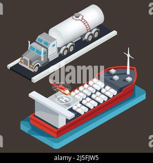 Vector isometric illustration, icons truck with tanker for transportation of liquid fuel, sea tanker with cargo cistern and helicopter pad. The concep Stock Vector