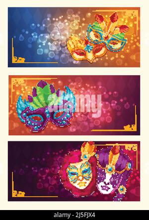Collection of cartoon banners with venetian painted carnival facial masks for a party decorated with feathers and rhinestones Stock Vector