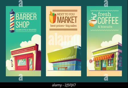 Set of vector cartoon illustrations, vertical banners in retro style with supermarket, barber shop, coffee house. Excellent advertising posters for co Stock Vector