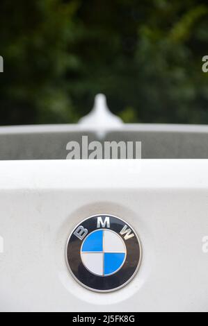 BMW chrome metal logo, luxury car in Istanbul city, August 15 2015 Istanbul Pendik Turkey used car market Stock Photo