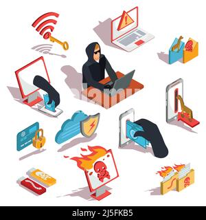 Set of vector isometric illustrations, hacker icons, computer security breach, information confidentiality, bank account hacking Stock Vector