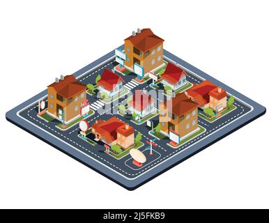Vector isometric illustration residential quarter with icons of residential houses, cottages with garage, yard, green lawn for advertising brochures o Stock Vector