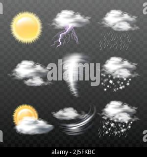 Set of vector realistic weather icons - sun, clouds, thunderstorm with lightning, tornado, wind, rain, snow, wet snow, isolated on transparent backgro Stock Vector