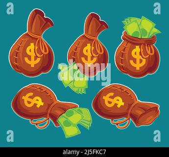 Collection of vector cartoon illustrations of bags with banknotes. Element of game design Stock Vector