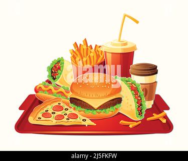 Vector cartoon illustration of a traditional set of fast food meal - hamburger, hot dog, pizza, french fries, taco, take-away coffee, cola - isolated Stock Vector