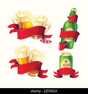Set of vector isolated cartoon illustrations beer glasses, glass bottle, aluminum can with red ribbon. Template for badges, stickers, labels Stock Vector