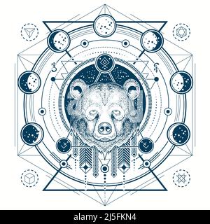 Vector illustration of a front view of a bear s head, geometric sketch of a tattoo, print with moon phases. Abstract ethnic tribal pattern. Stock Vector