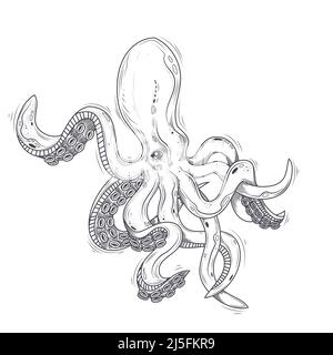 Vector illustration of an octopus painted in an engraving style isolated on white. Print octopus vulgaris for T-shirts, template, sketch tattoo, desig Stock Vector