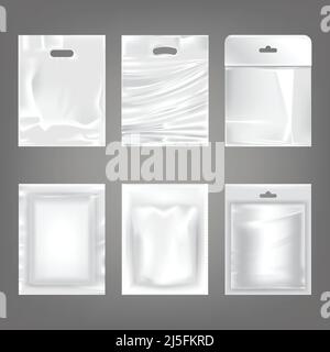 Set of vector illustrations of white plastic empty bags, packaging, isolated on a transparent background. Mock up template, layout for branded design Stock Vector