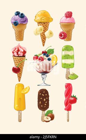 Set of vector icons of ice cream with different fruits, berries and nuts Stock Vector