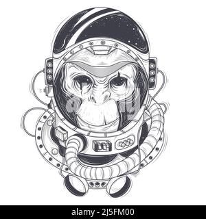 Vector hand drawn illustration of a monkey astronaut, chimpanzee in a space suit in the style of engraving. Print for T-shirts, template, sketch tatto Stock Vector
