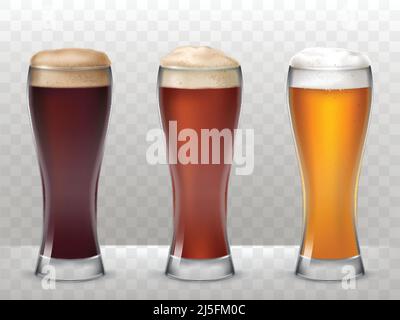Vector illustration of a realistic style three tall glasses with a different beer isolated on a transparent background Stock Vector
