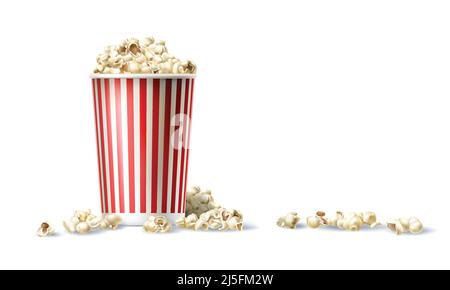 Vector illustration of a red and white cardboard bucket with popcorn in a realistic style isolated on white Stock Vector