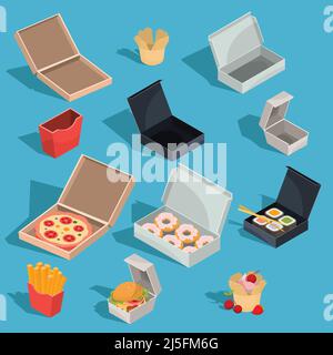 Set of vector isometric illustrations of fast food meal in a cardboard packing and empty open cardboard boxes for pizza, donuts, sushi, french fries, Stock Vector