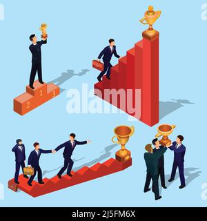 Vector illustration of 3D flat isometric people. Businessman goes up the stairs. Concept of business growth, career ladder, the path to success. Stock Vector