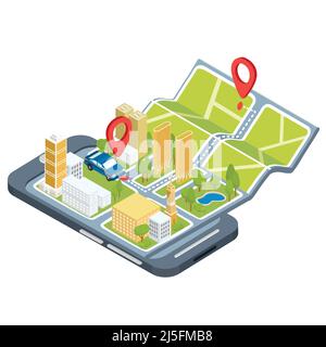 Vector illustration of the concept using the mobile application of the global positioning system. Image of a smartphone with a paper map unfolded from Stock Vector