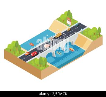 Vector 3D isometric illustration of cross section of a landscape with a flowing river and automobile bridge through it with moving transport. Stock Vector