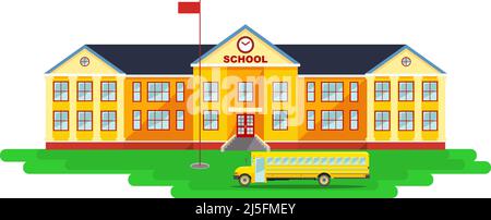 Panoramic background with school building and school bus in flat style Stock Vector