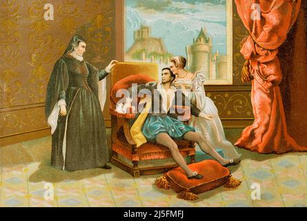 Charles IX of France (1550-1574). King of France from 1560 to 1574. Death of Charles IX. Chromolithography. Historia Universal by César Cantú. Volume VIII. Published in Barcelona, 1886. Stock Photo
