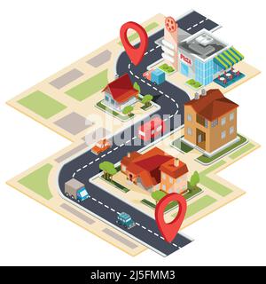 Vector illustration of the navigation map with gps icons. Image of a paper map with red pin pointers, 3D houses, cars, trees Stock Vector
