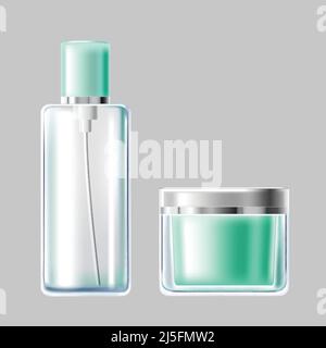 Vector illustration set of glass cosmetic packaging for cream, gel, lotion, floral water, isolated on gray background Stock Vector