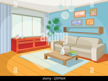 Vector illustration of a cozy cartoon interior of a home room, a living room with a sofa, coffee table, chest of drawers, shelf and window curtains Stock Vector