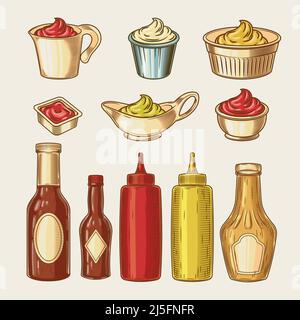 Vector illustration of an engraving style set of different sauces in saucepans and bottles. Ketchup, yogurt, sour cream, mayonnaise, mustard, tar tare Stock Vector