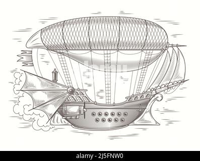 Vector steampunk illustration of a fantastic wooden flying ship in the style of engraving. Print, template, design element Stock Vector
