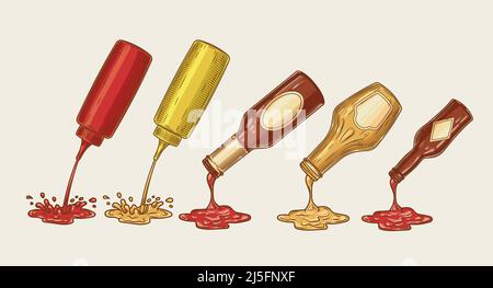 Vector illustration of an engraving style set of different sauces are poured from bottles. Ketchup, mayonnaise, mustard, chilli sauce and others Stock Vector