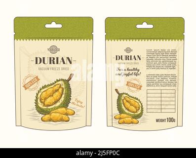Vector illustration in design packing for durian fruit, template, moc up in style engraving Stock Vector