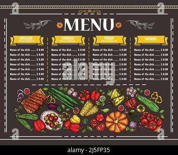 Vector illustration of a vegetarian restaurant menu design. Template, flyer, design element for menu with hand-drawn various vegetables Stock Vector