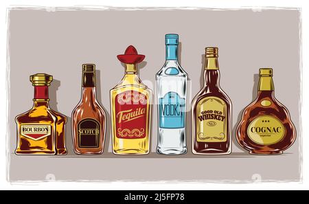 Vector set of bottles with alcohol and stemware, engraving Stock Vector