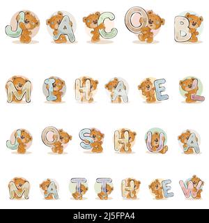 Vector illustration lettering type design. Names for boys Jacob, Mihael, Joshua, Matthew made decorative letters with teddy bears Stock Vector