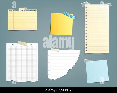 Collection of vector illustrations different paper notes in a realistic style isolated on a gray Stock Vector