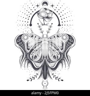 Vector illustration of a sketch, tattoo art butterfly in abstract style with a space pattern, mystical, astrological symbol. Print, template, design e Stock Vector