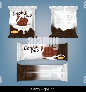 Set of vector illustrations of packing for chocolate bars, front and back, isolated. Used as a package template, design element Stock Vector