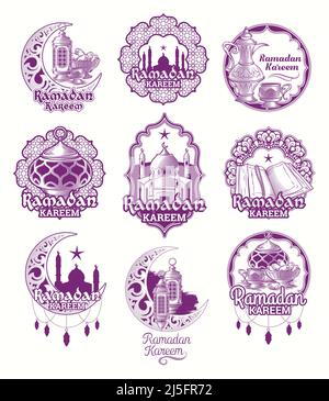 Set vector purple illustrations, sign for Ramadan Kareem with lantern, towers of mosque, crescent with arabic pattern isolated on white Stock Vector