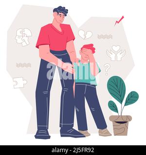 Father supporting and comforting his upset son, flat vector illustration isolated on white. Parent helps the child overcome difficulties and psycholog Stock Vector