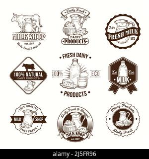 Set of vector illustrations, badges, stickers, labels, logo, stamps for milk and dairy products for packaging, advertising and grocery stores Stock Vector