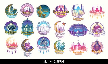 Set vector color illustrations, badges, emblems for Ramadan Kareem. Big color set of design elements for Ramadan greeting Stock Vector