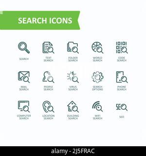 Set of vector illustrations fine line icons, concept of analysis, search of information, data. 32x32 pixel perfect Stock Vector