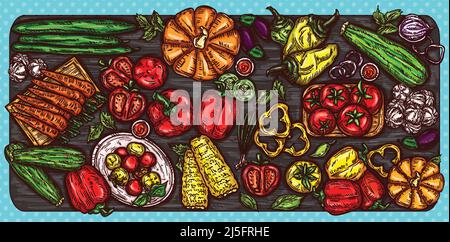 Vector cartoon illustration of various vegetables whole and sliced on a wooden background. Bright poster with organic food Stock Vector