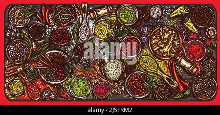 Vector illustration of a variety of spices and herbs on a wooden background, top view. Template, design element Stock Vector